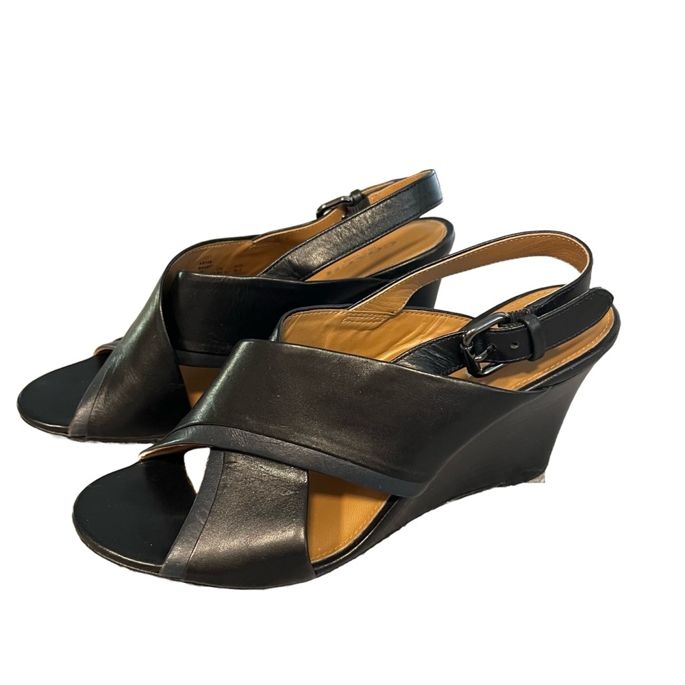 COACH Leather Black Cross Band Sz 6.5 High Wedge Buckle Slingback Sandal